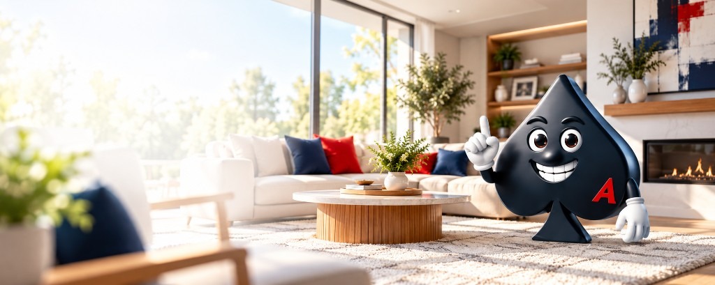 ChoreAce Ace in a bright, upscale living room giving a number-one gesture